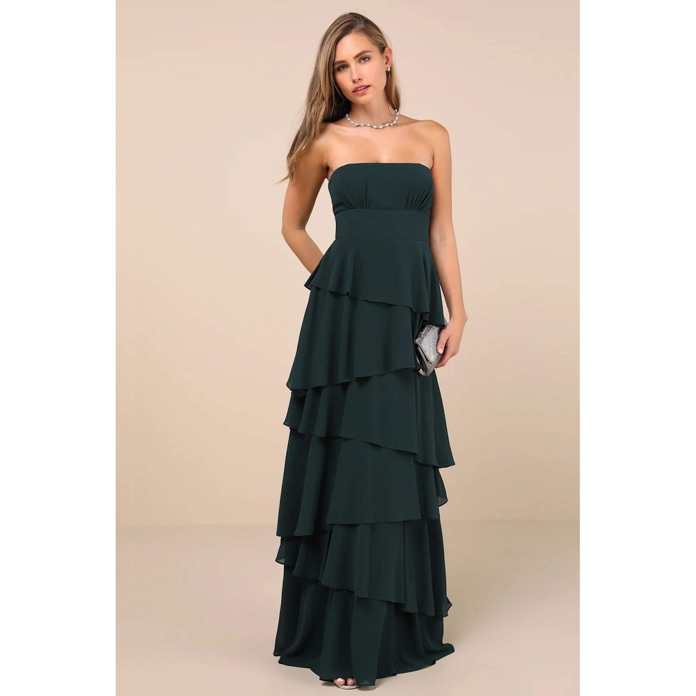 Lulus Gorgeous Essence Emerald Strapless Tiered Maxi Dress Size Large